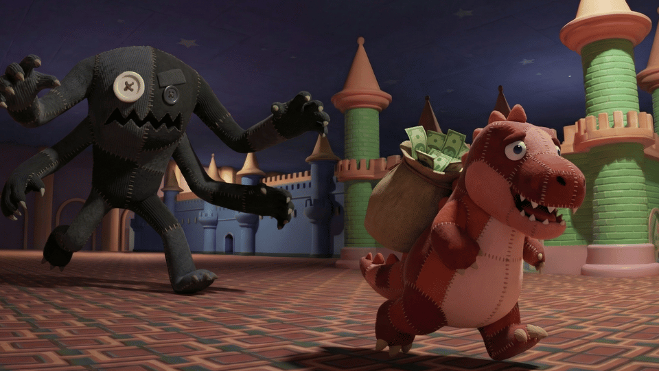 A dark plush monster reaches toward a dinosaur plush carrying a bag of money near a castle at night.